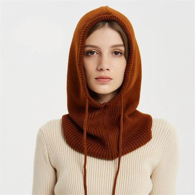 Rust-brown cashmere-blend knit beanie hood with ribbed knit and long ties