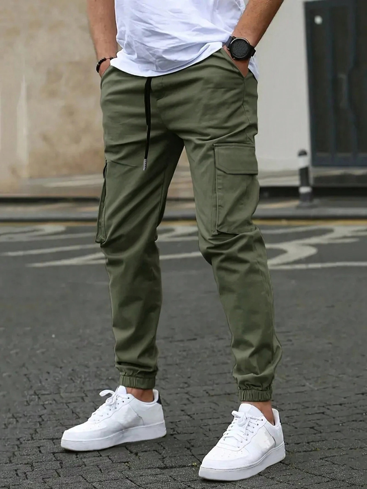 Tapered elastic-cuff cargo joggers, Military greencolor view