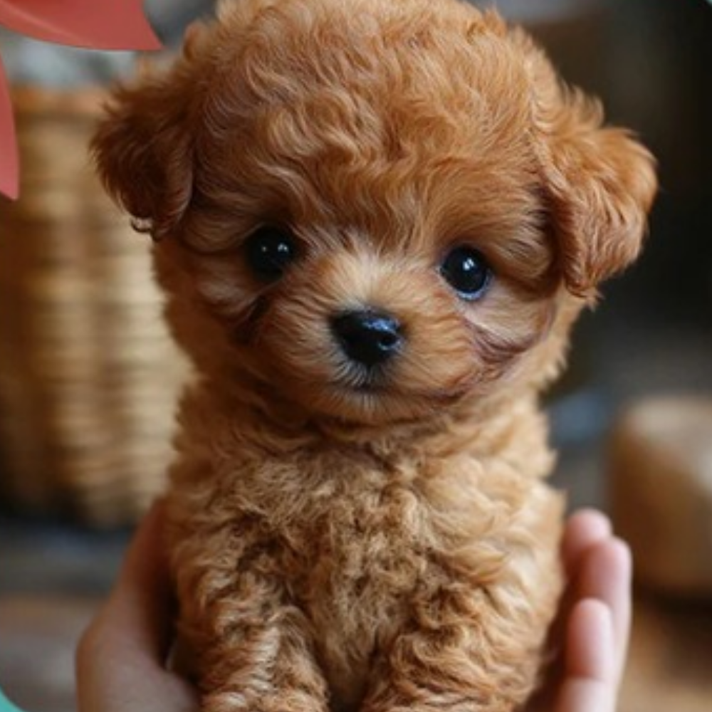 Walking plush puppy, curly brown plush with black nose and dark eyes.