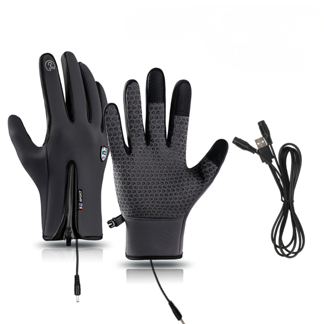 USB heated winter gloves, black pair with USB charging cable and controller cords