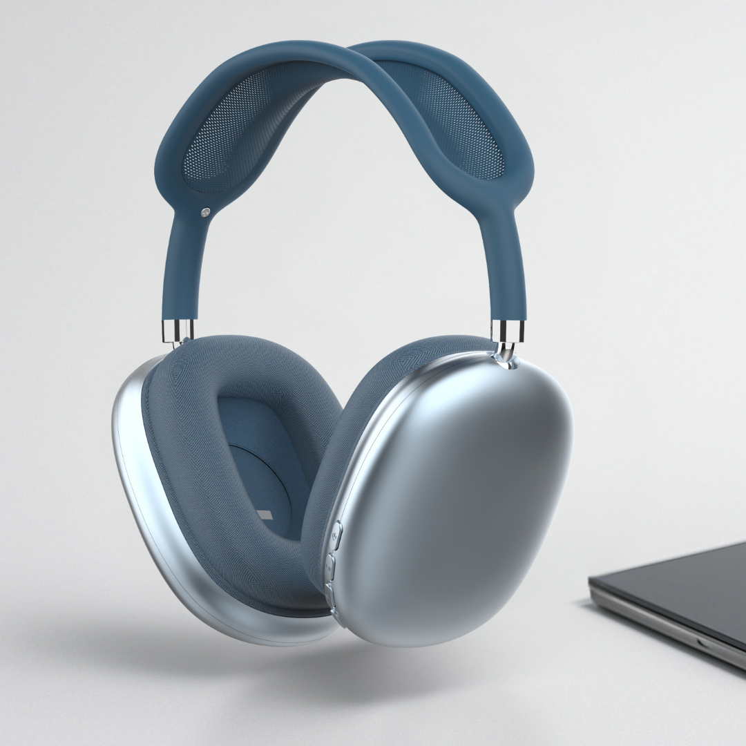 Blue over-ear noise cancelling Bluetooth headphones with silver ear cups