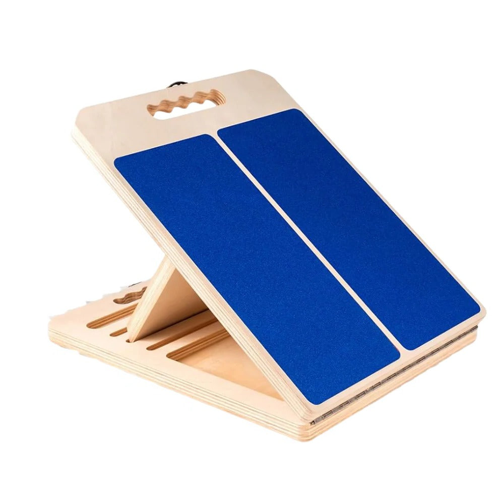 Wooden adjustable incline slant board with blue textured grip surfaces and slanted stand