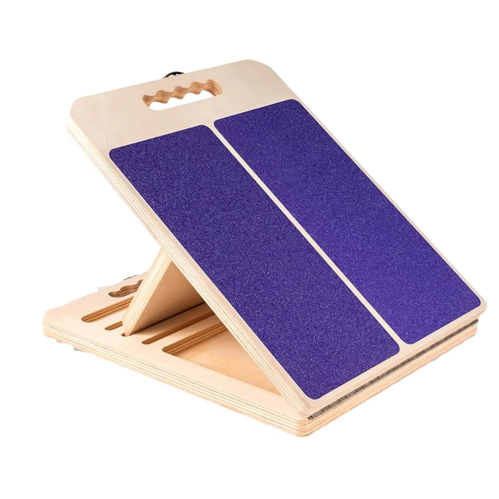 Wooden adjustable incline slant board with purple textured grip surfaces and slanted support
