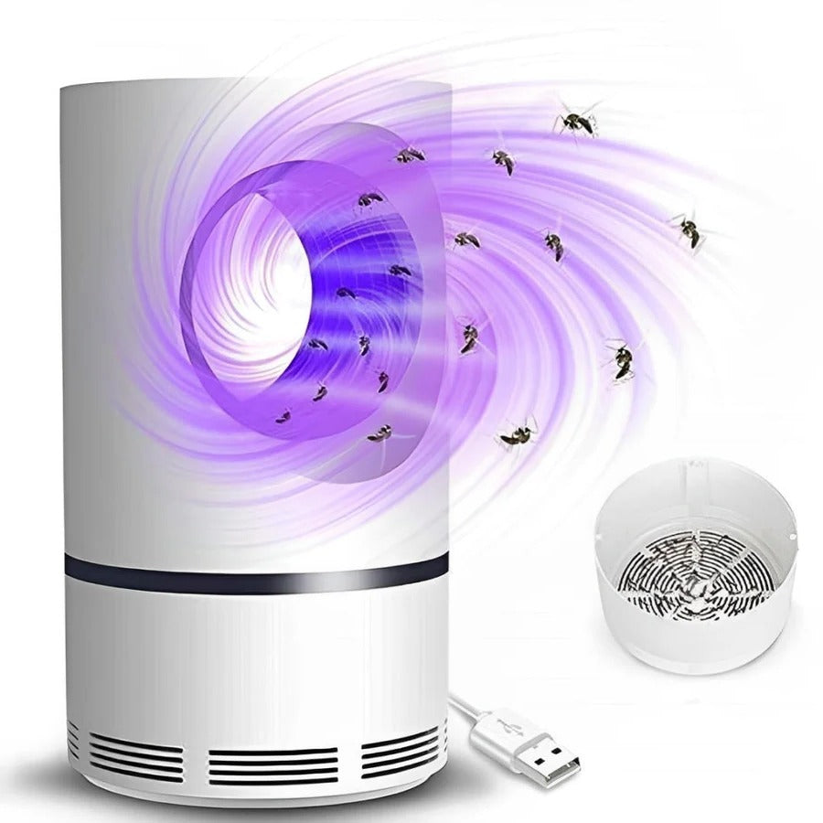 White UV light insect trap with purple ring glow, insects visible, and USB plug