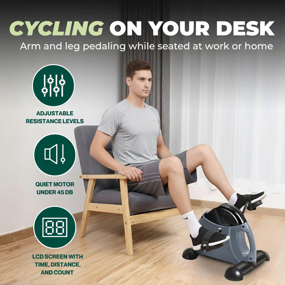 Desk pedal exercise trainer under seated feet with digital LCD time and count