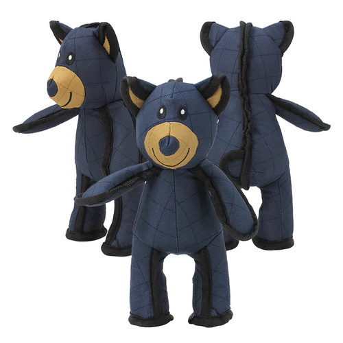 Blue bear-shaped plush dog toys set with tan muzzles, black ears, and stitched faces.