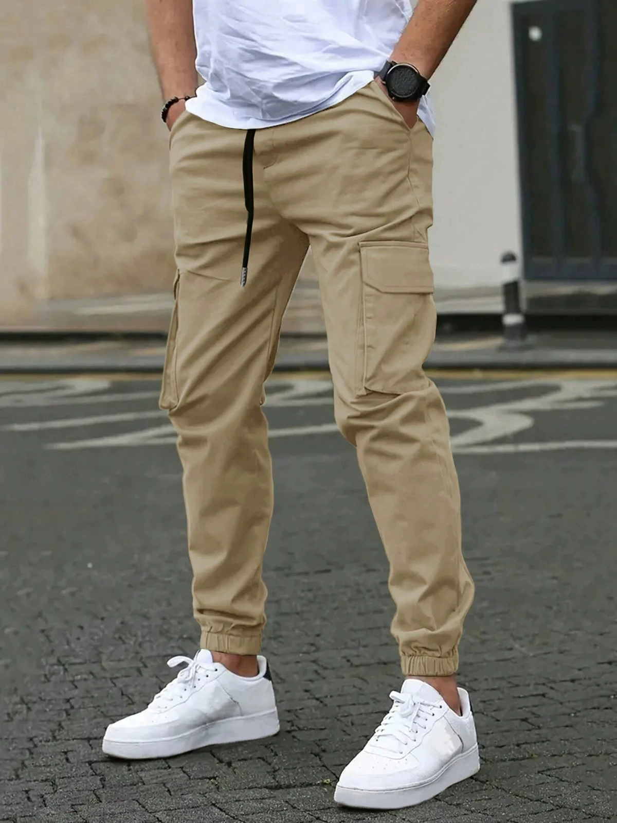 Tapered elastic-cuff cargo joggers, beige color view