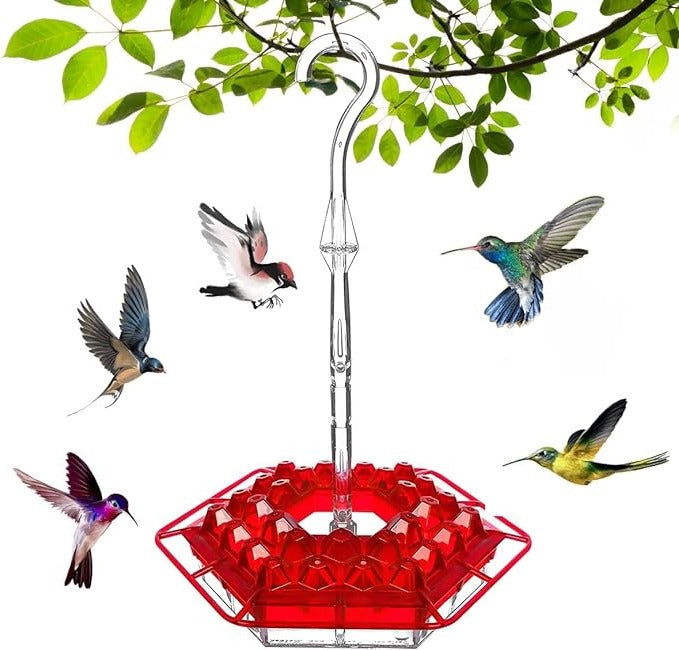 Red ant-proof hanging bird feeder with hook and hex tray, with birds around it.