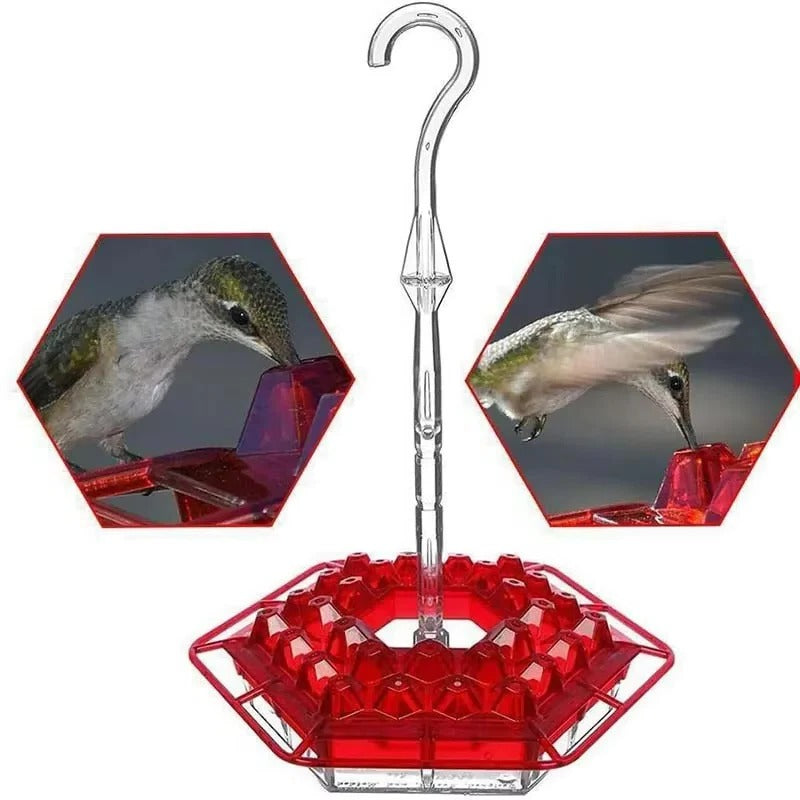Red ant-proof hanging bird feeder with clear tube and hex tray featuring anti-ant design.