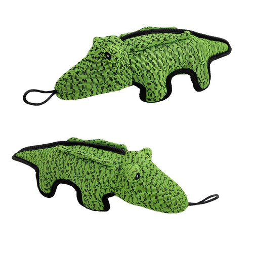 Green crocodile-shaped plush chew toy with loop tail, shown in two angles.