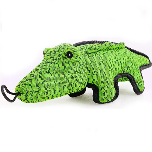 Green crocodile-shaped plush chew toy with black outline, loop tail, and stitched eyes.