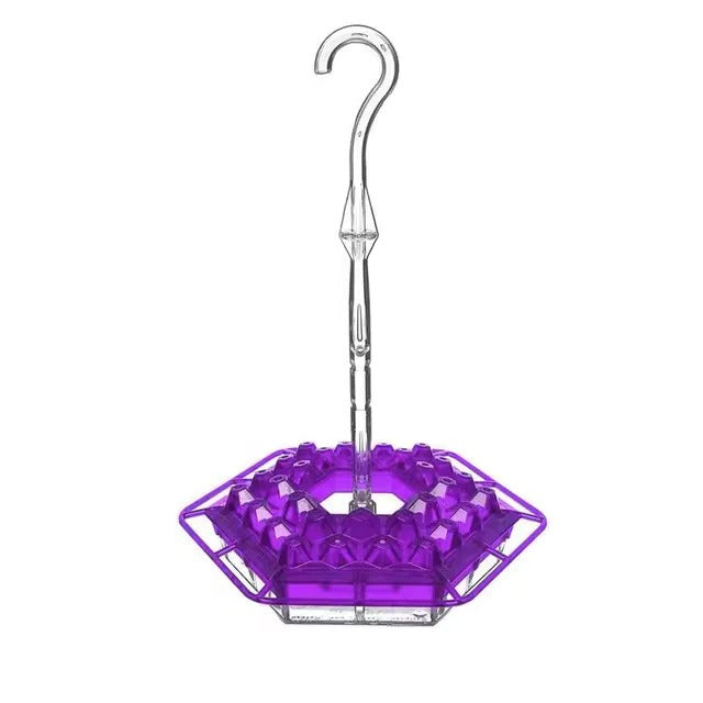 Purple ant-proof hanging bird feeder with clear reservoir and faceted hex feeding tray.