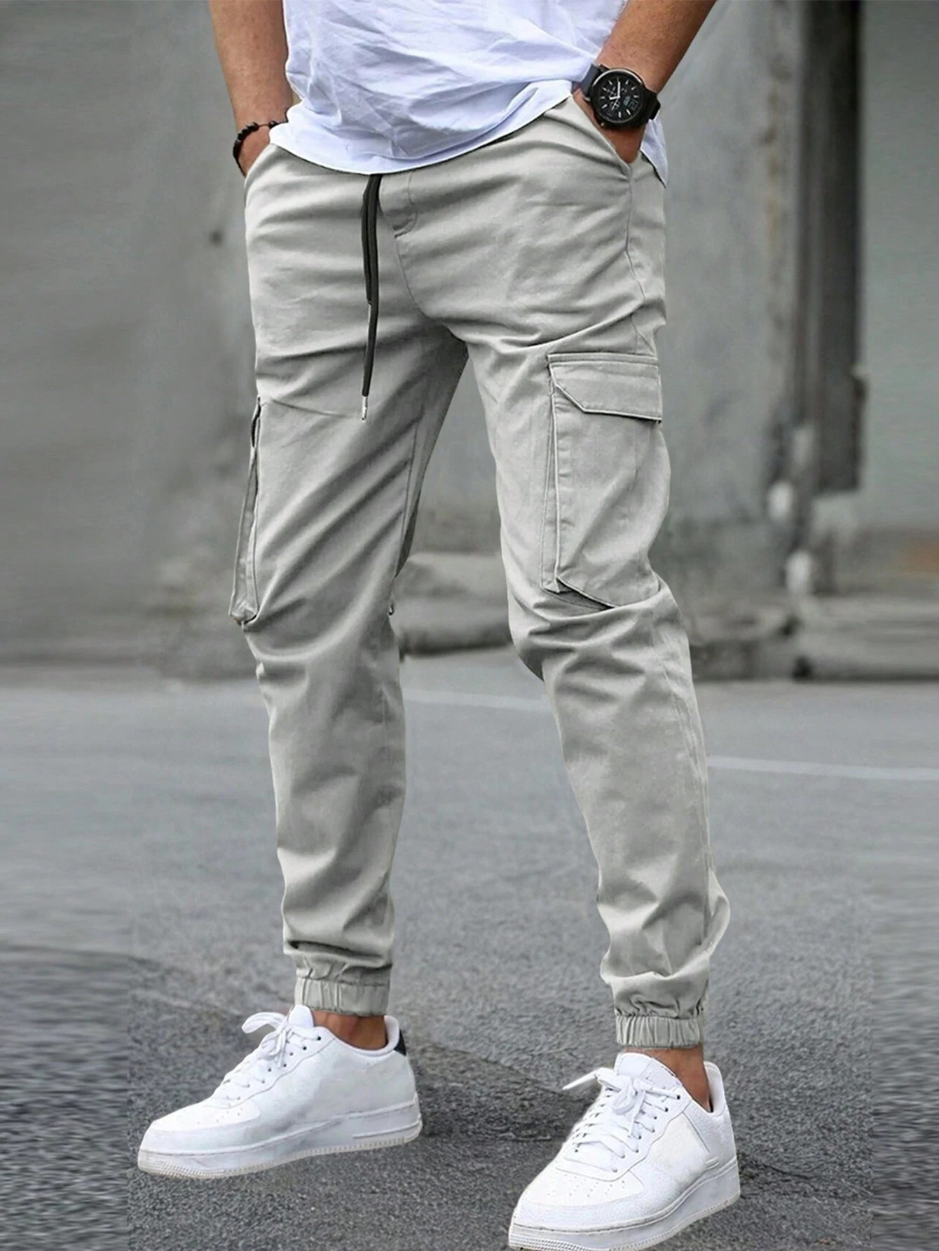 Tapered elastic-cuff cargo joggers, front view