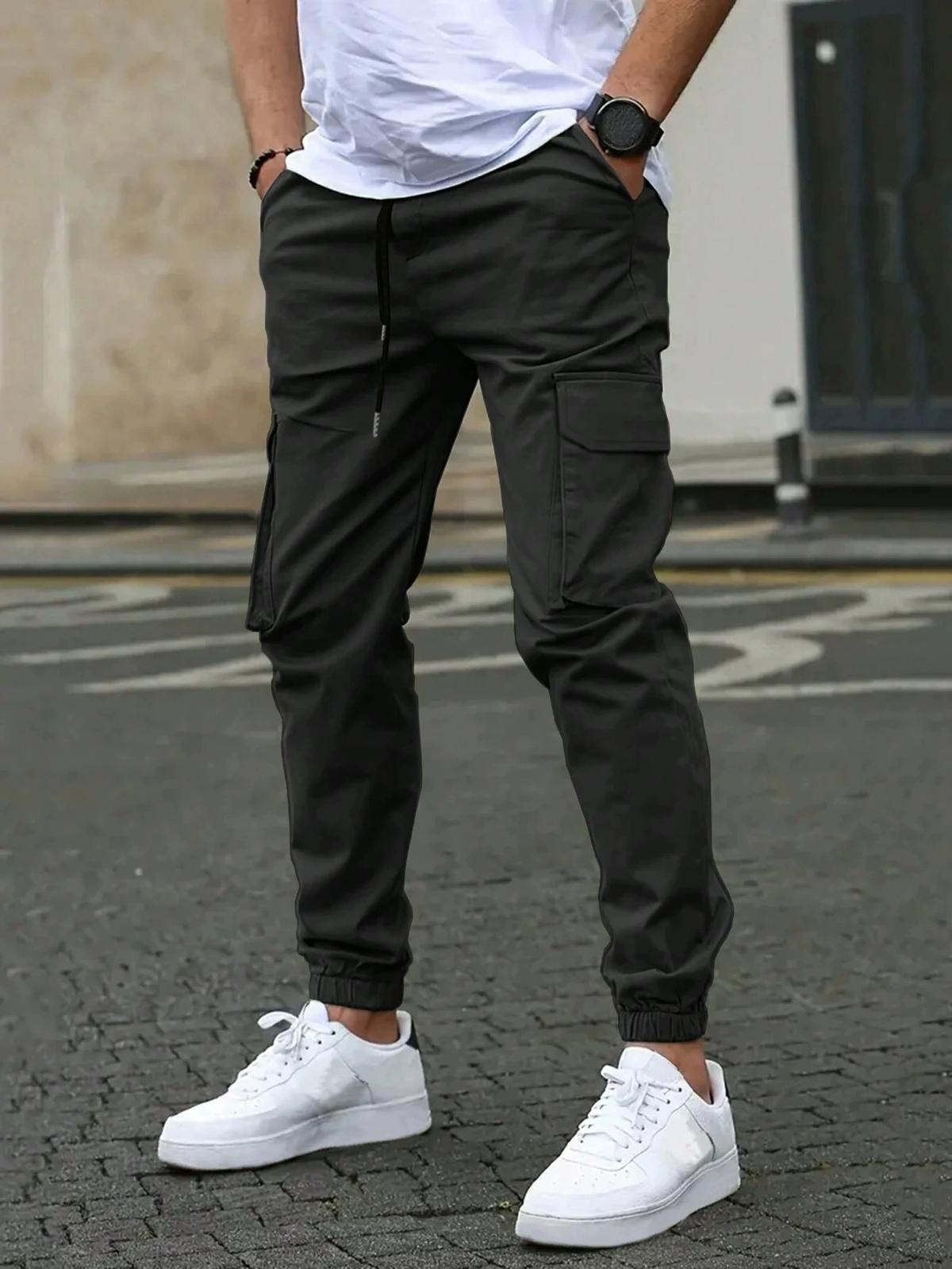 Tapered elastic-cuff cargo joggers, black color view