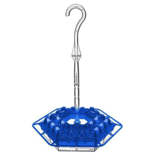 Blue ant-proof hanging bird feeder with clear reservoir and faceted hex feeding tray.
