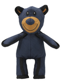 Blue bear-shaped plush chew toy with tan muzzle and black ears, stitched smiling face.