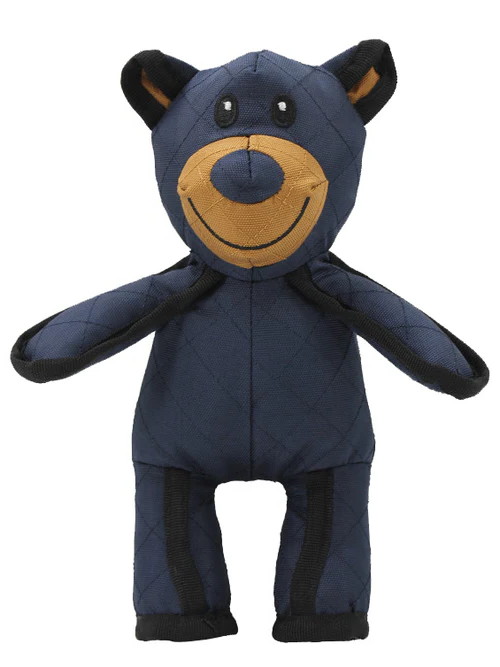 Blue bear-shaped plush chew toy with tan muzzle and black ears, stitched smiling face.