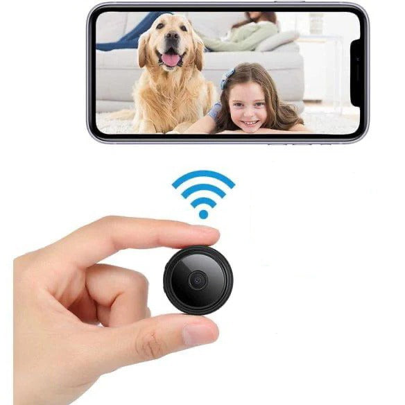 Magnetic live camera puck with LED ring; phone screen shows pet and child