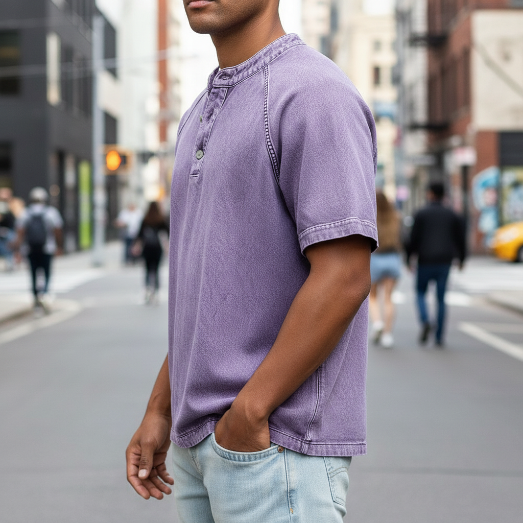 Half-button wash henley shirt, styled front view