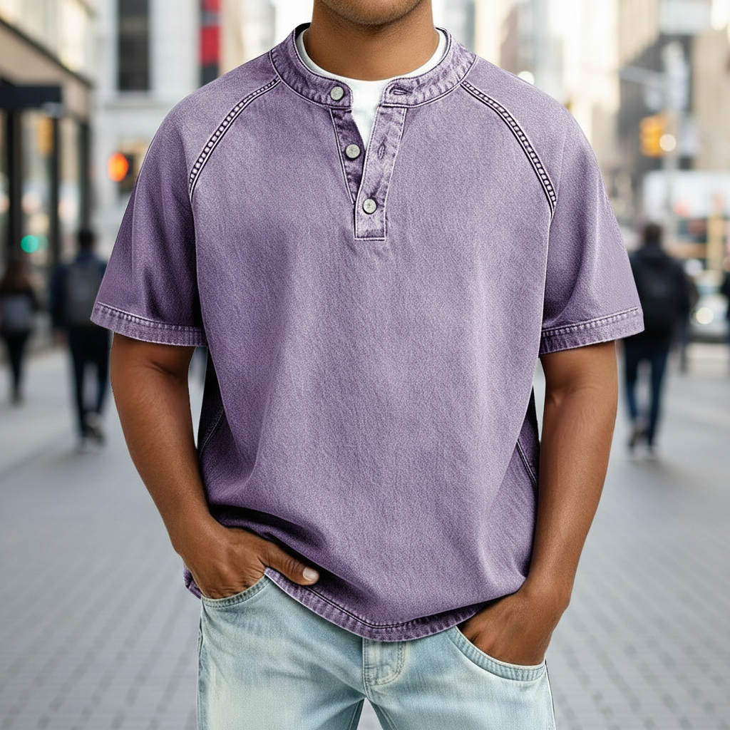 Half-button wash henley shirt, styled side view