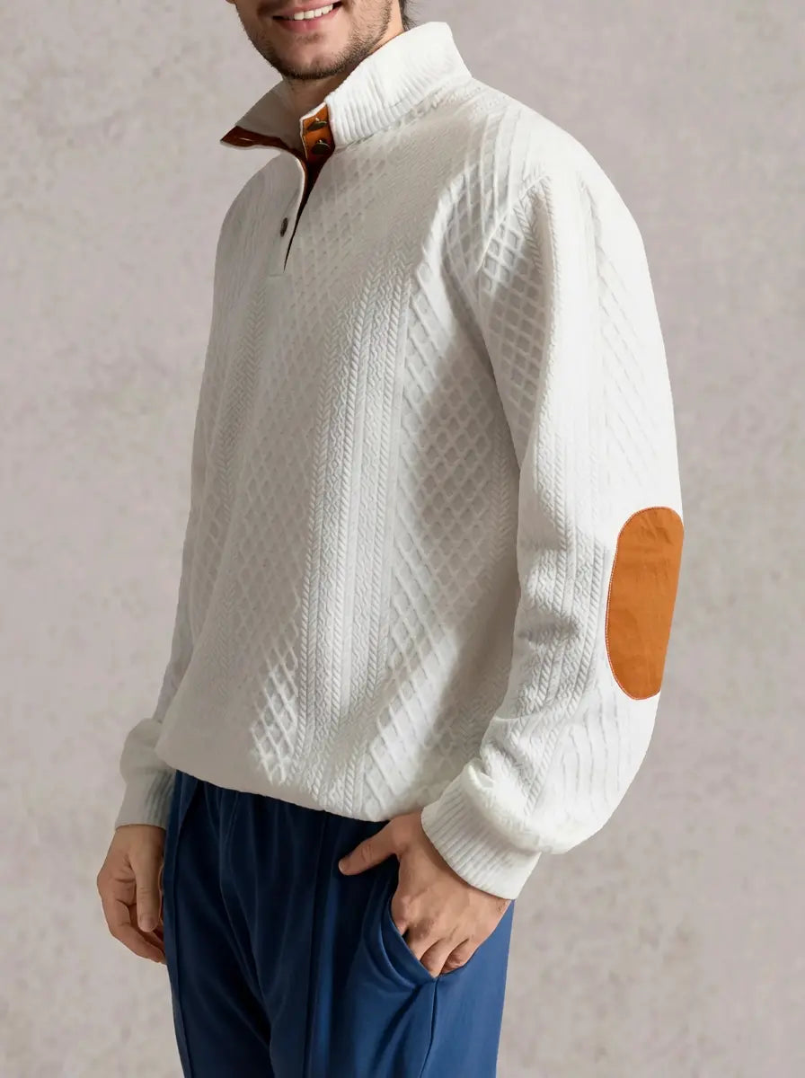 Elbow patch cable knit pullover, additional styled view