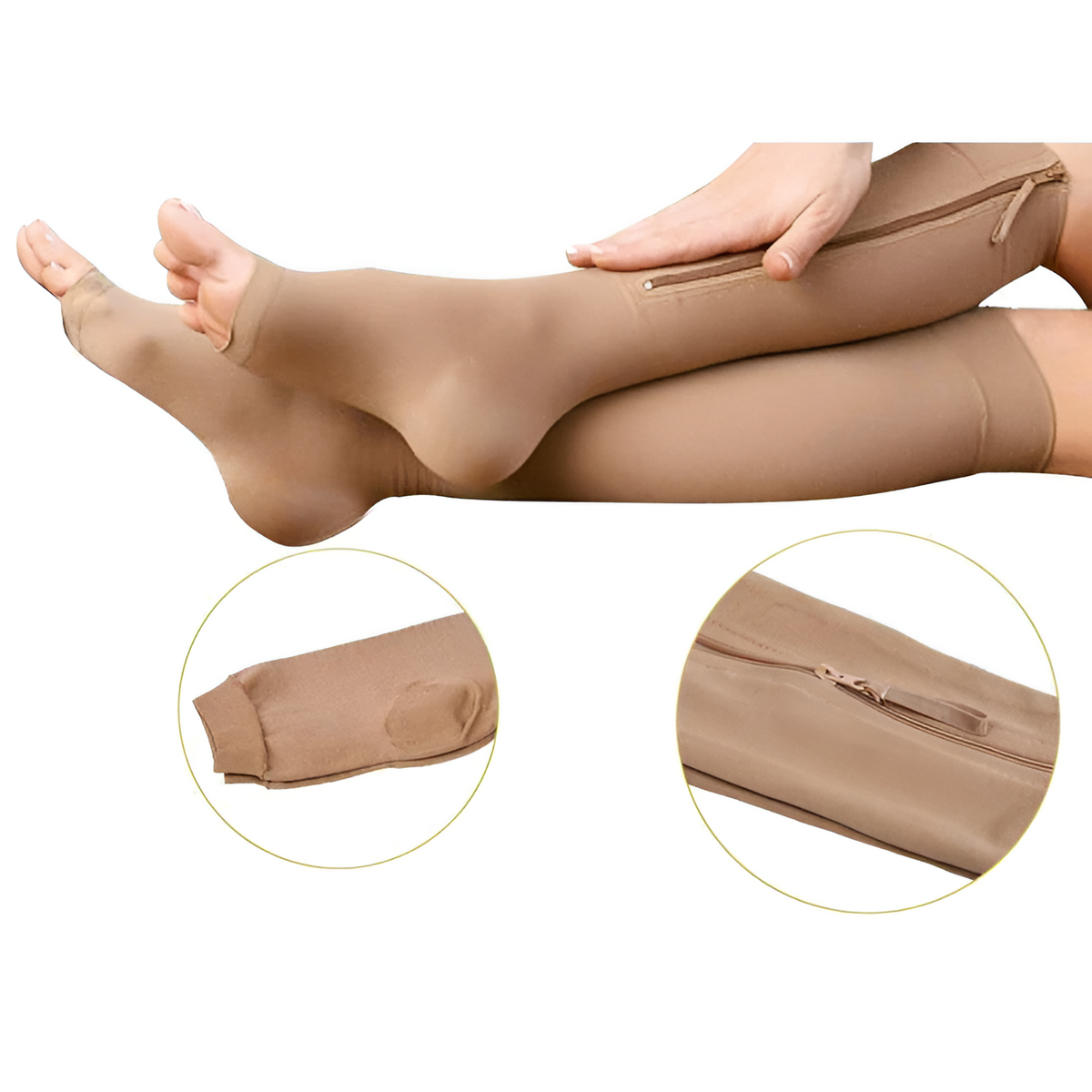 Beige compression socks with close-up insets of toe area and zipper pull