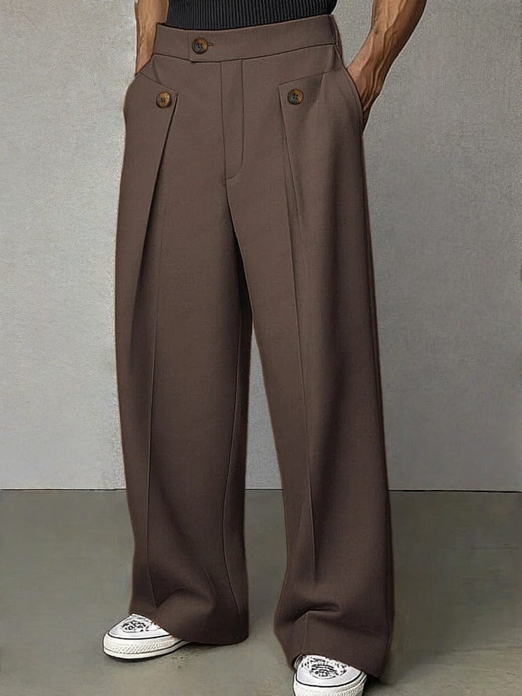Men's pleated wide-leg pants, dark brown with front crease and button-tab details