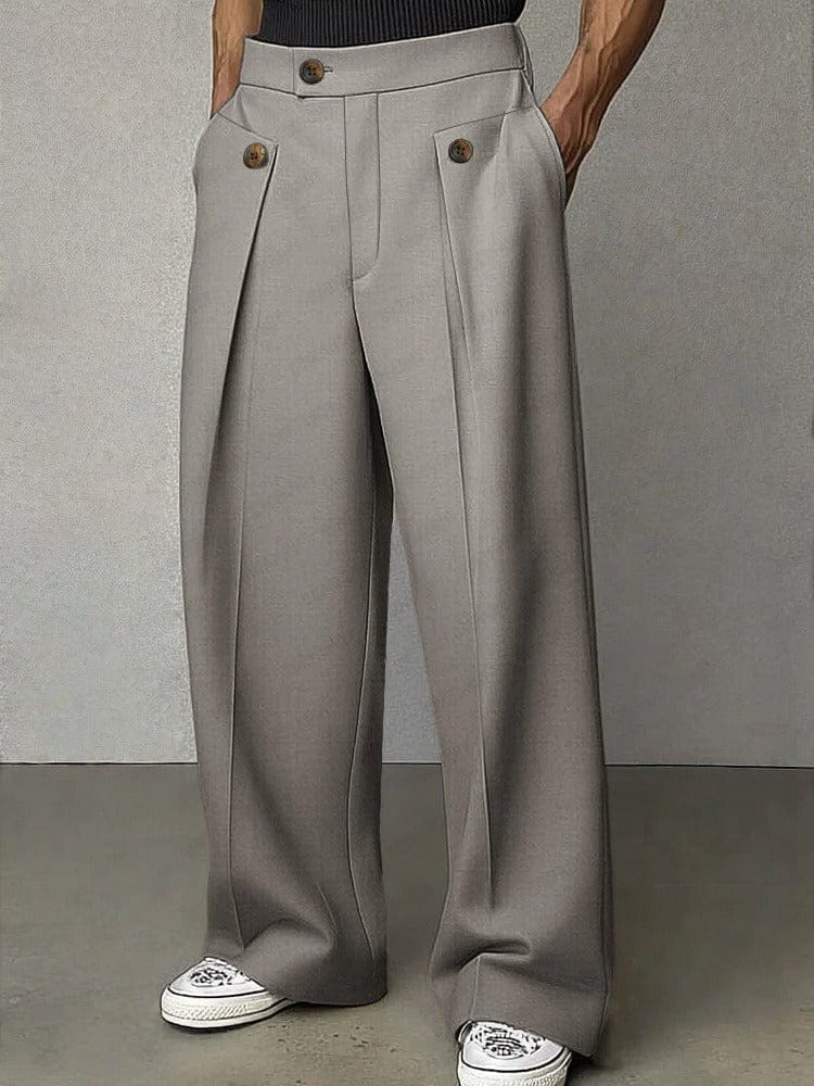 Men's pleated wide-leg pants, light gray with front pleats and button closure