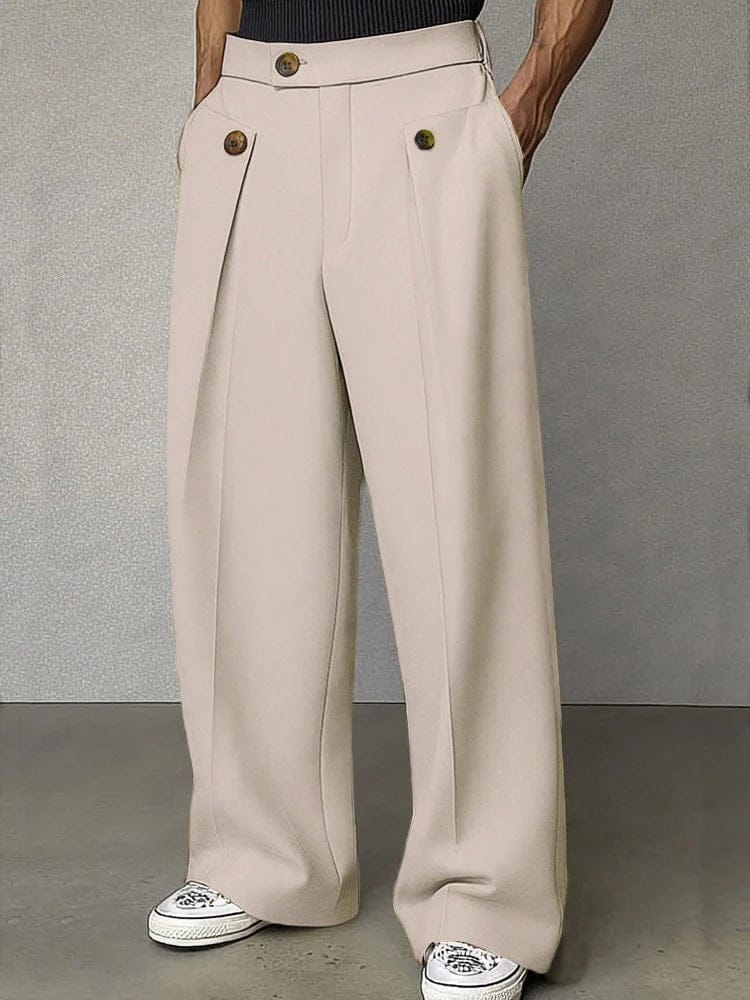 Men's pleated wide-leg pants, light beige with front crease and brass-tone buttons