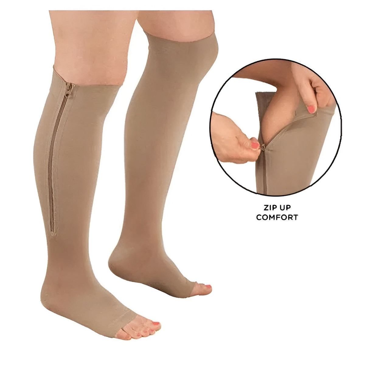 Beige compression socks with vertical side zipper, inset shows zipper use