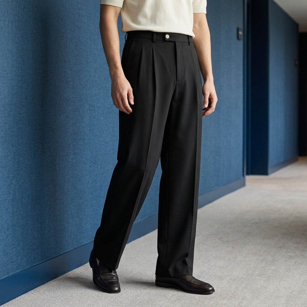 Structured pleat wide-leg pants, black color view