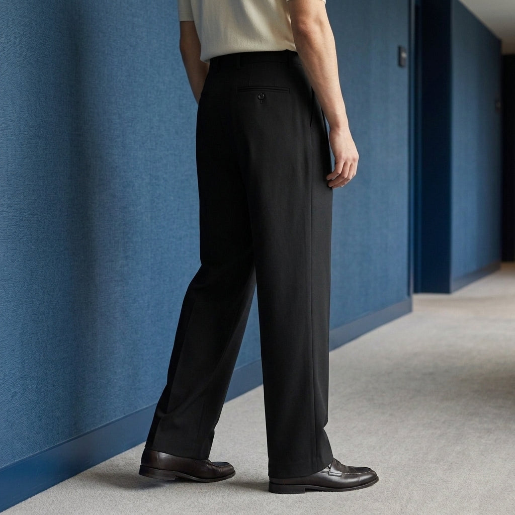 Structured pleat wide-leg pants, styled front view