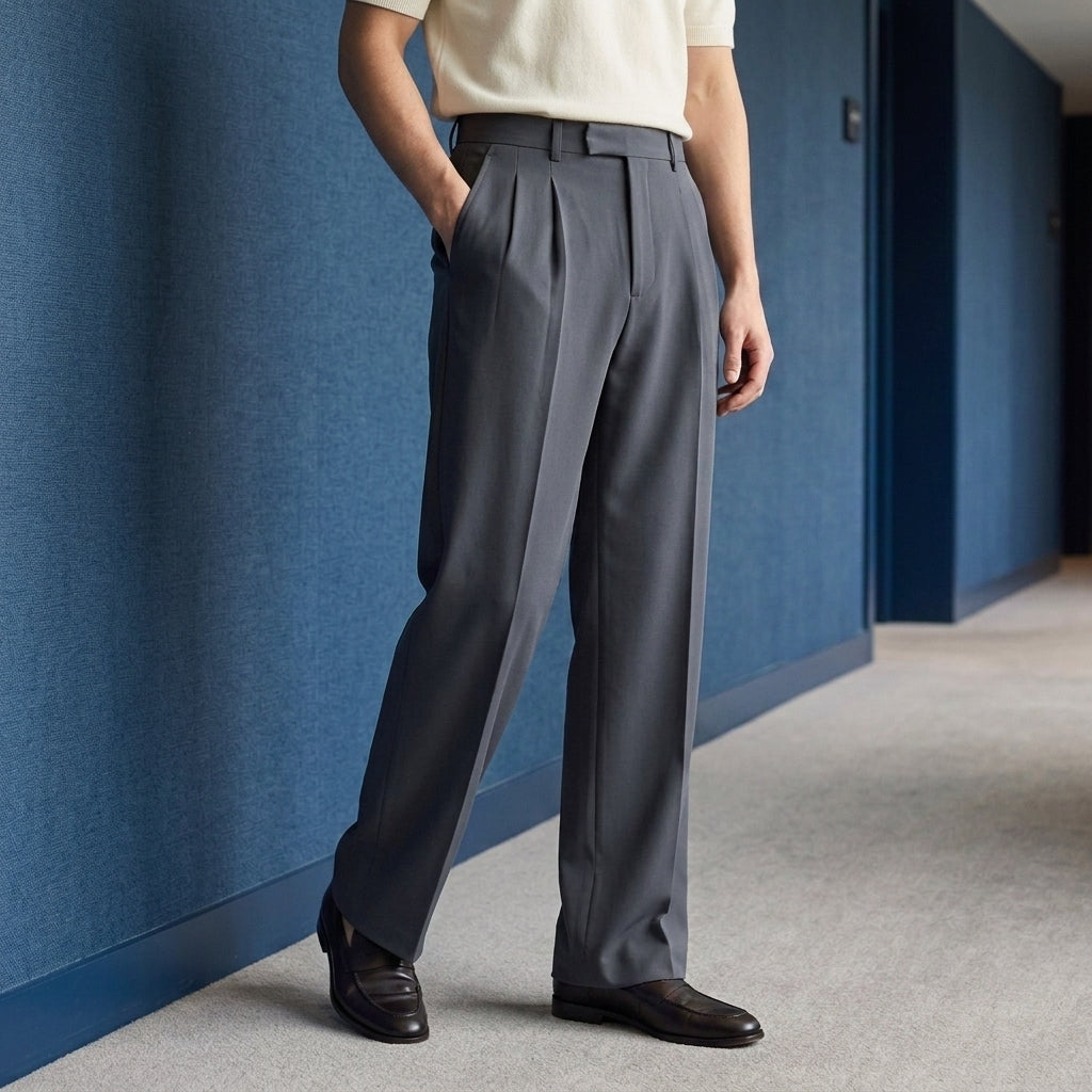 Structured pleat wide-leg pants, dark gray color view