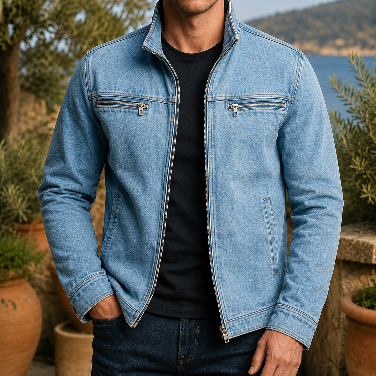 Men's blue stand-collar utility jacket with zip front and chest utility pockets