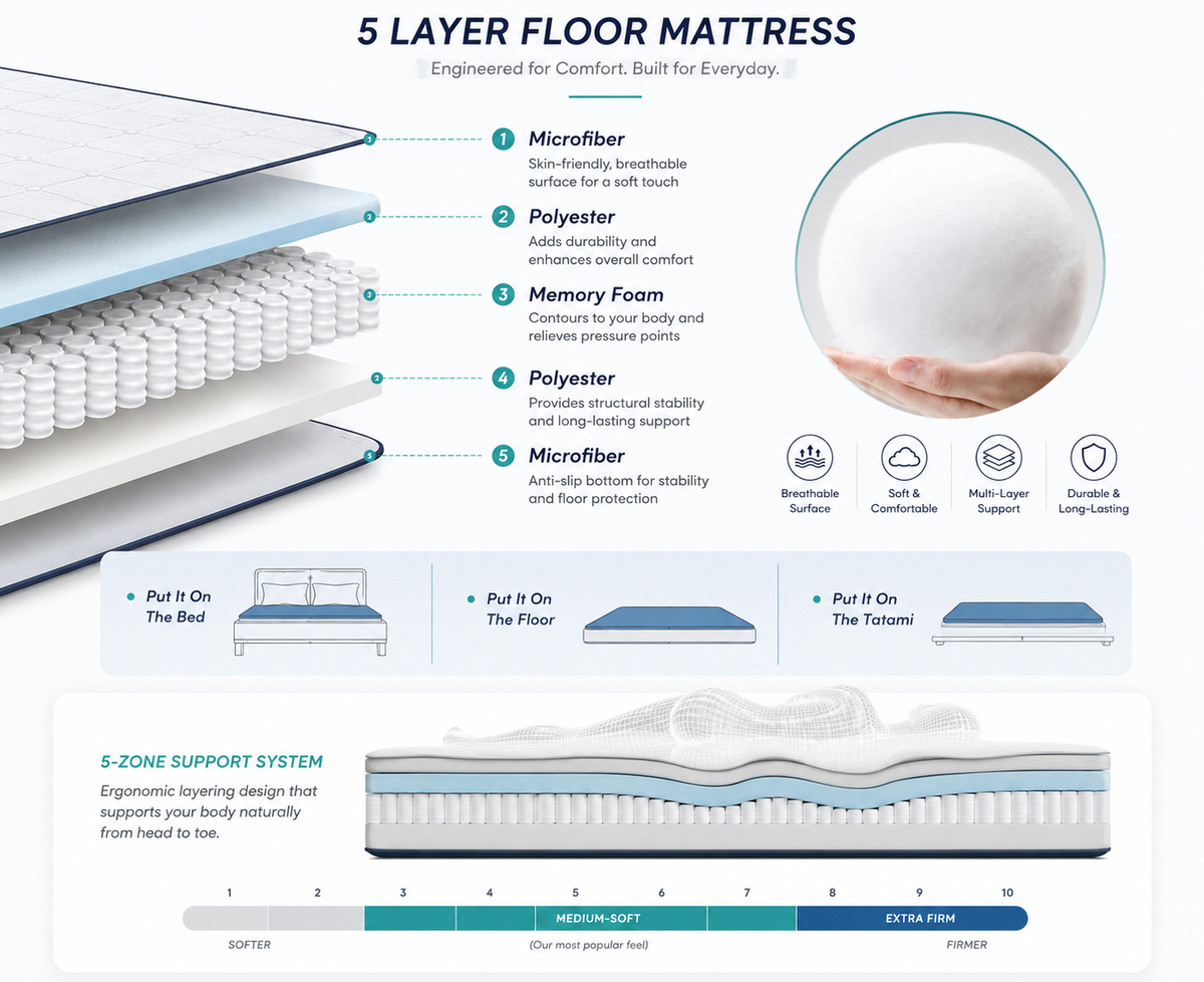 Foldable floor futon mattress shown in stacked layers with blue and white sections