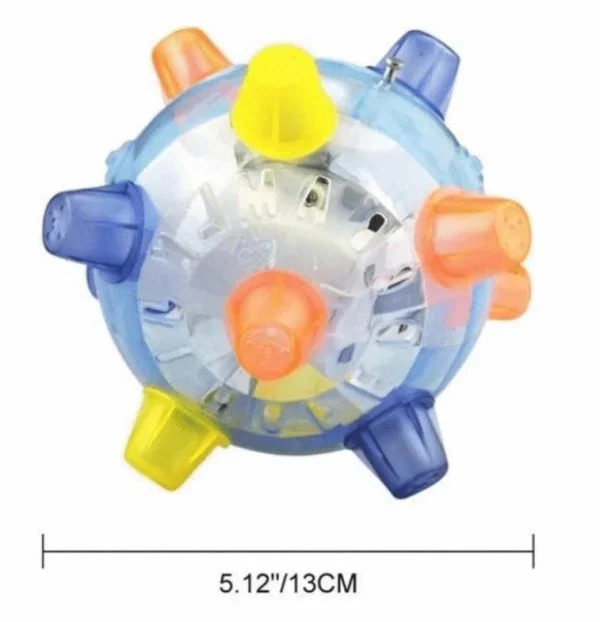 Transparent blue LED jumping ball with multicolor spikes and size marker 5.12/13cm