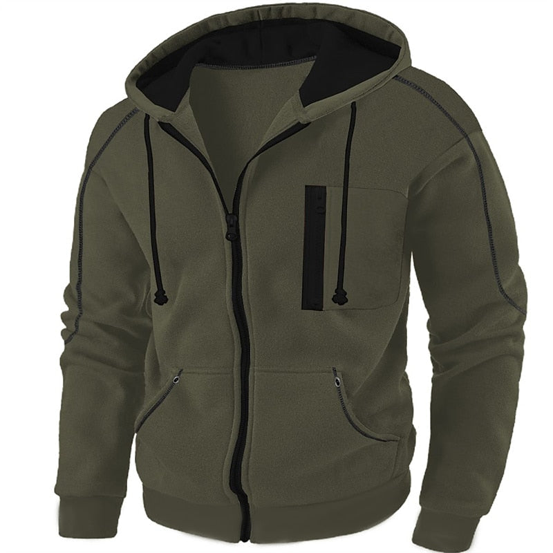 Men's full-zip hooded jacket, olive green with black hood lining, front zip and chest pocket.