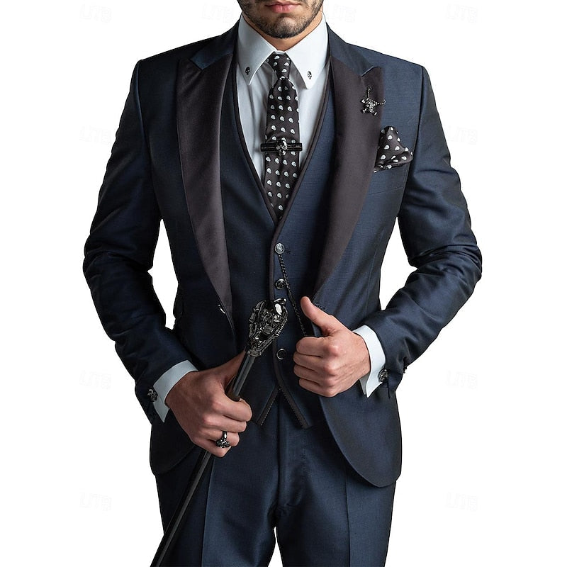 Men's three-piece tailored set, navy blue color view
