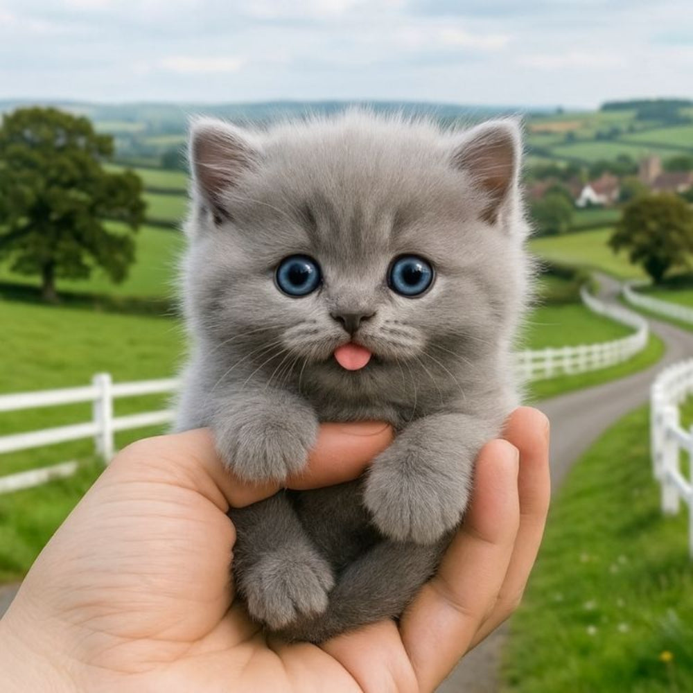 Grey plush robot kitten toy with blue eyes held in a hand, cute paw pose
