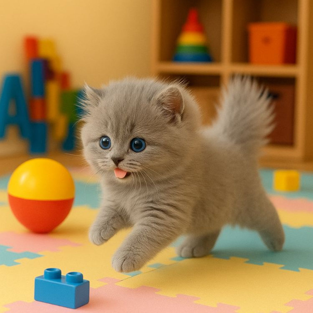 Grey plush robot kitten toy standing with blue eyes, small block pieces nearby