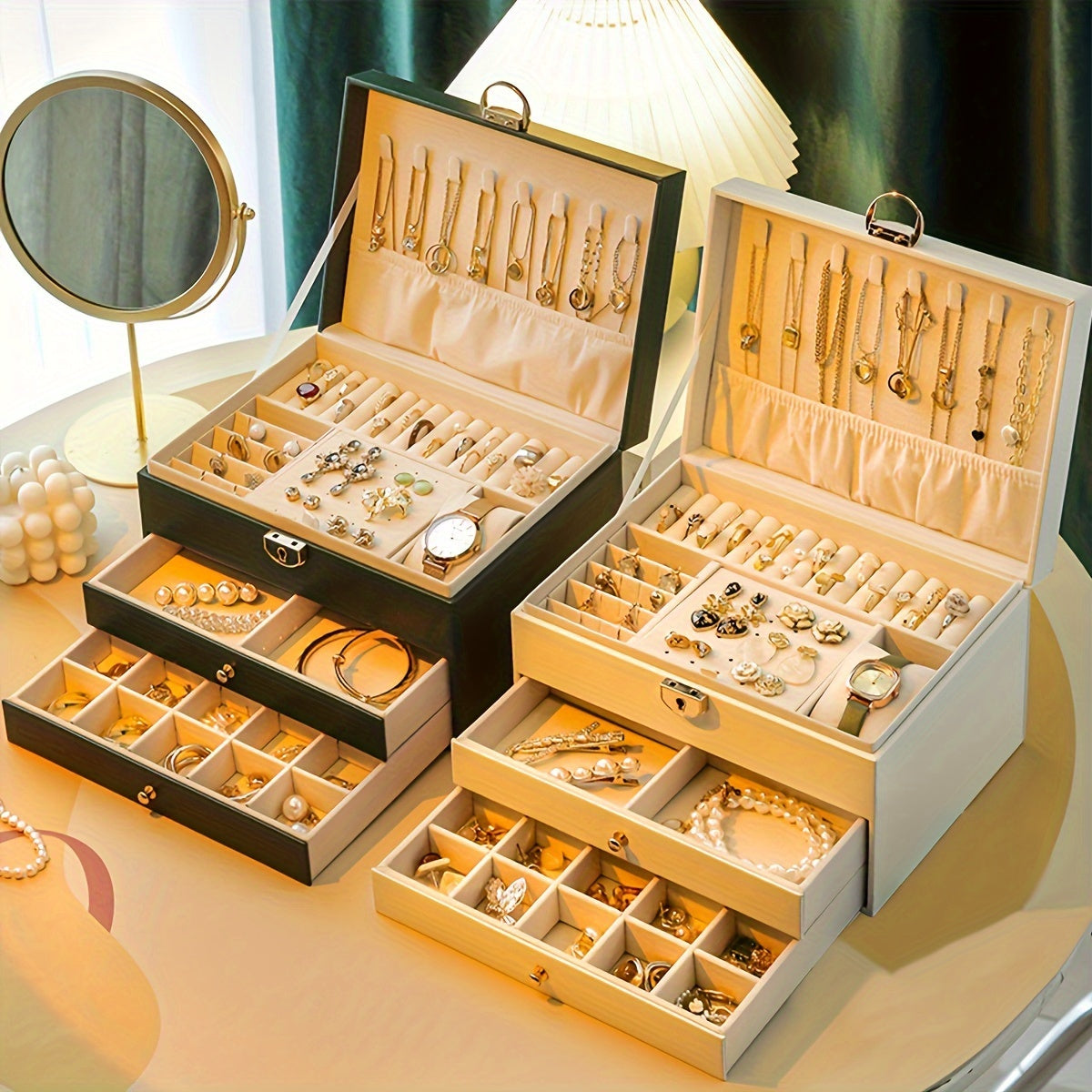 Green multi-layer jewelry storage box with open lid and stacked drawers for jewelry.