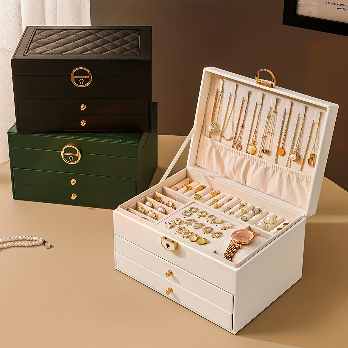 Dark multi-layer jewelry storage box with open compartments, ring tray, and necklace slots.