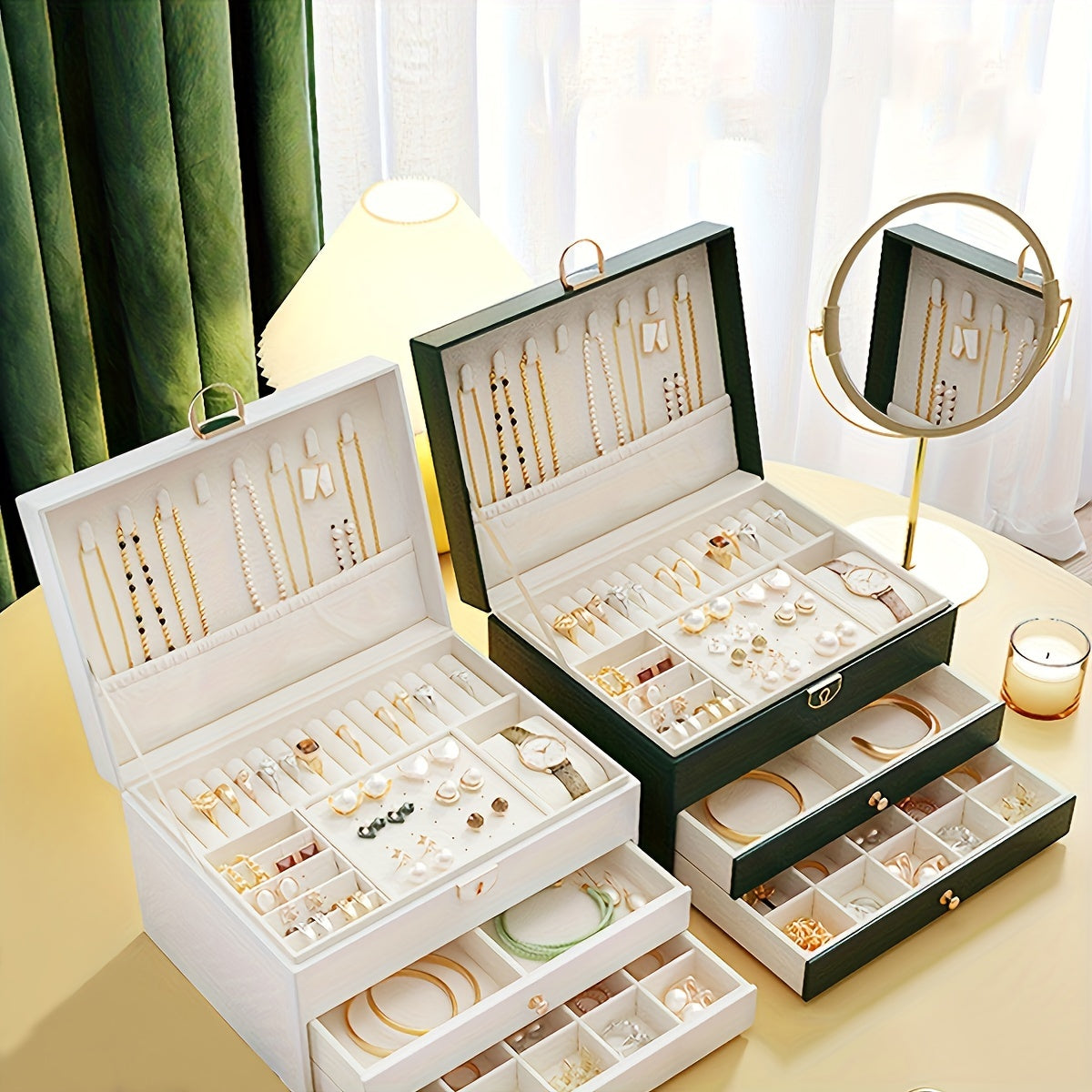 Green multi-layer jewelry storage box with open trays for necklaces, rings, and bangles.