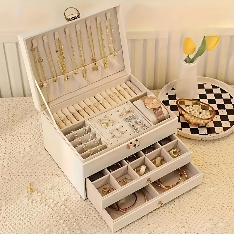 White multi-layer jewelry storage box with open drawers and ring-and-necklace organizer trays.