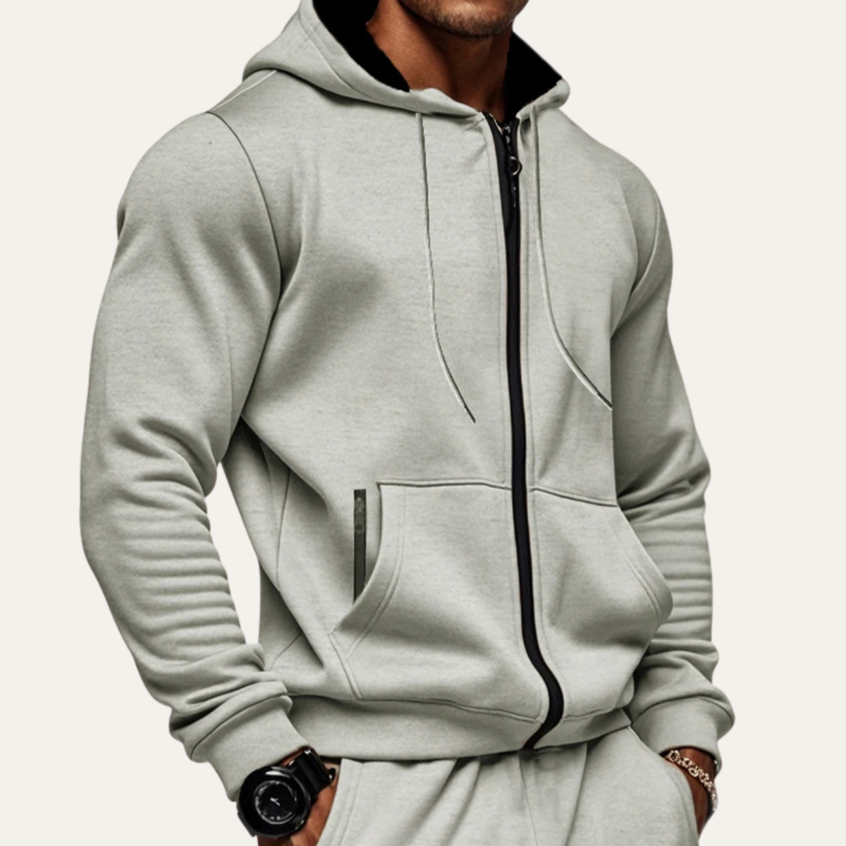 Men's gray zip-up hoodie with hood, drawstrings, full front zipper, and front pockets.
