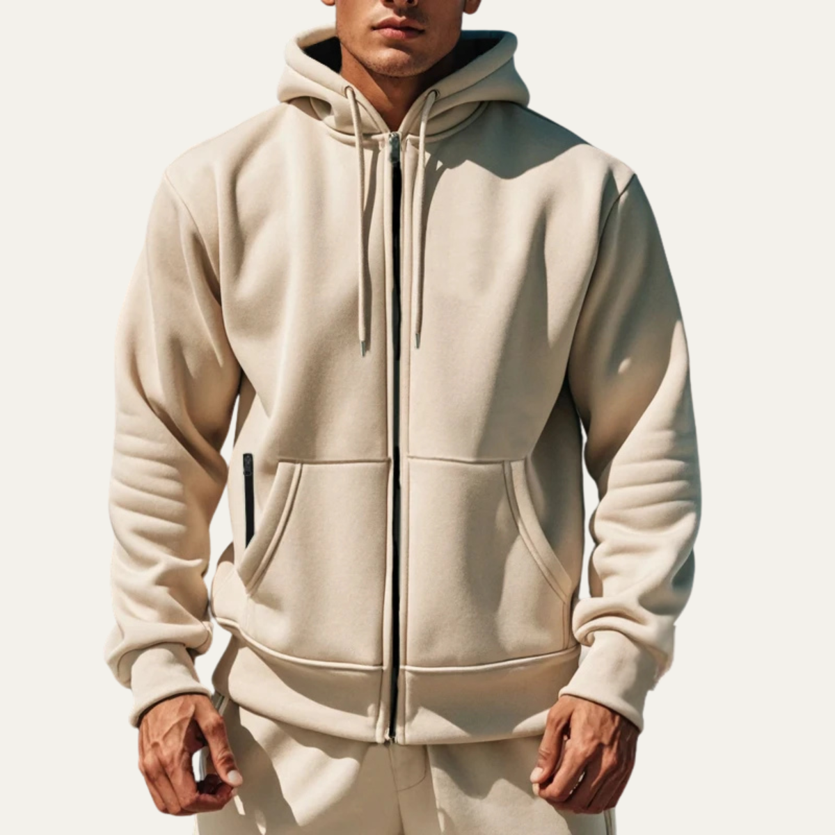 Men's khaki zip-up hoodie with hood, drawstrings, full front zipper, and front pockets.