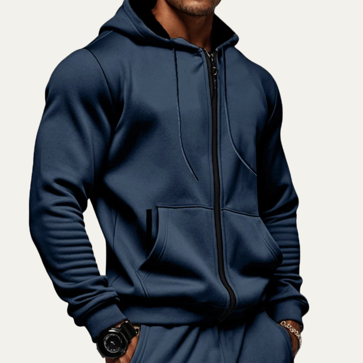 Men's navy blue zip-up hoodie with hood, drawstrings, full front zipper, and front pockets.