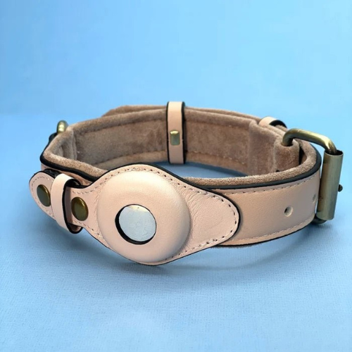 Blush leather adjustable dog collar with brass buckle and round center patch