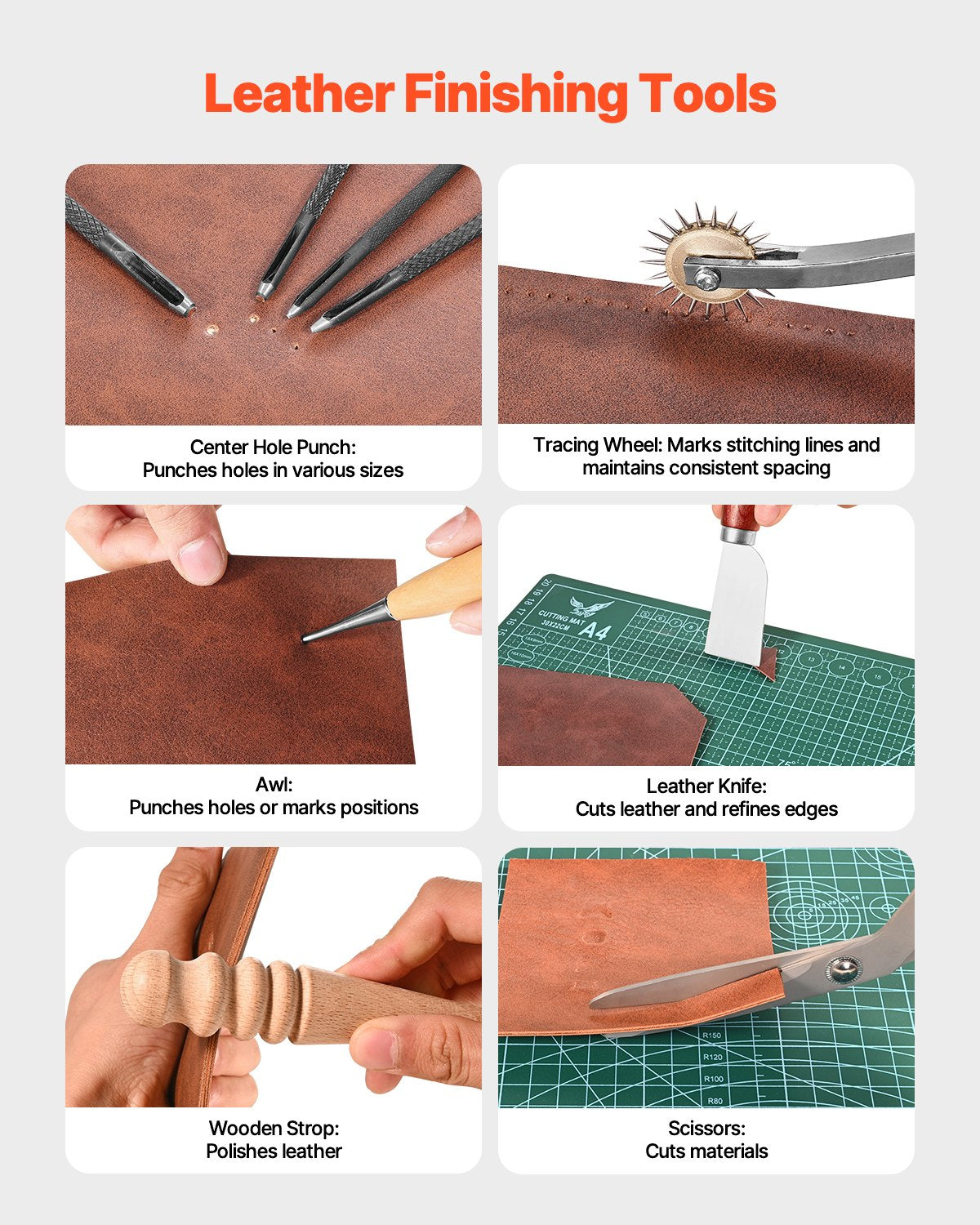 Leather finishing tools shown, including punches, edge tools, and cutting blades