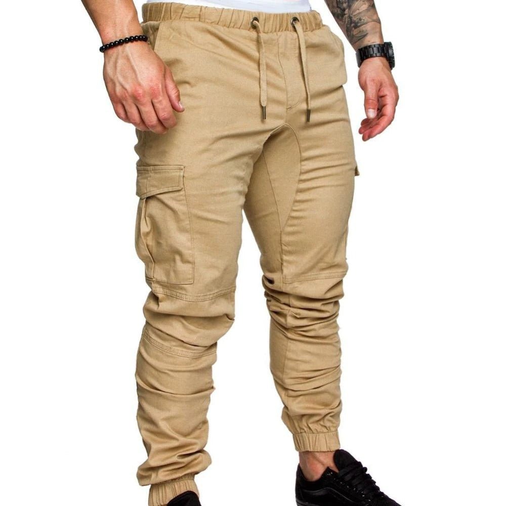 Tapered drawstring cargo joggers, khaki color view
